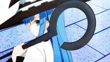 a girl with blue hair wearing a witch hat