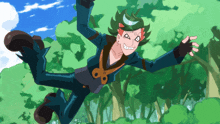 a cartoon character with green hair is falling through the air with trees in the background