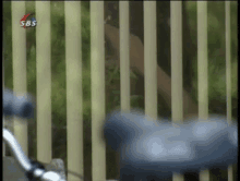 a bicycle is parked in front of a fence with a person behind it .