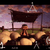 a cartoon of a man sitting in a pile of eggs with math equations written on a blackboard