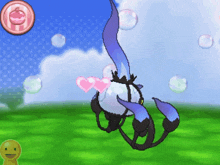 a cartoon drawing of a purple and white monster with pink hearts on its back