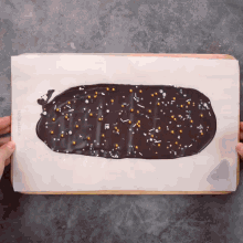 a piece of chocolate covered in sprinkles is on a tray