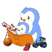 a couple of penguins reading a book with a telescope and a basketball