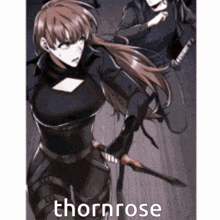 a cartoon of a woman holding a sword with the word thornrose on the bottom .