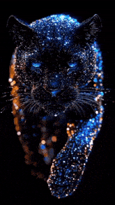 a black panther with blue eyes is covered in sparkles and lights .
