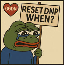 a frog holding up a sign that says reset dnp when