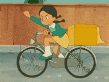 a girl in a yellow skirt is riding a bicycle with a yellow box on the back