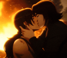 a couple of anime characters kissing in front of a fire