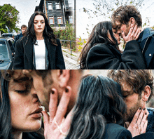 a man and a woman are kissing in a street