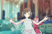 a girl in a white dress with roses on it is pointing