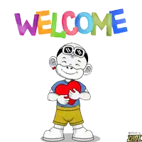 a cartoon of a boy holding a heart with the word welcome in the background