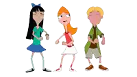 three cartoon characters standing next to each other and holding hands