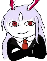 a pixel art drawing of a girl with bunny ears and red eyes wearing a suit and tie .