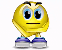 a yellow smiley face with blue eyes and purple feet