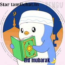 a penguin reading a book with the words " eid mubarak " written on the bottom