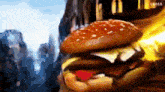 a close up of a person holding a hamburger with the word luma on the bottom