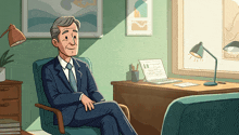 a man in a suit is sitting in a chair in front of a desk with a laptop on it