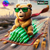 a teddy bear wearing sunglasses is riding a stack of green candles on a carpet