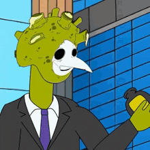 a cartoon character in a suit and tie is wearing a plague doctor mask