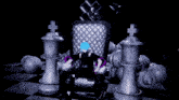 a person with blue hair is sitting on a throne with chess pieces