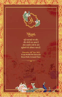 a red and gold wedding invitation for nikast with peacocks and flowers