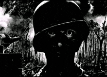 a black and white drawing of a soldier wearing a helmet in the woods .