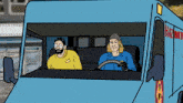 a cartoon drawing of two men driving a hazmat truck