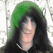 a man with green and black hair has a piercing in his nose
