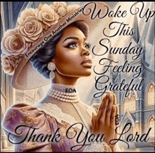 a woman wearing a hat and pearls is praying on a sunday .