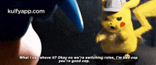 a pikachu in a hat is talking to a man in a hat .