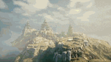 a painting of a mountain with a few buildings on it
