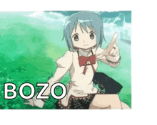 a girl in a school uniform is sitting in the grass and pointing her finger at the camera .
