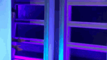 a person is standing in a room with purple and blue lights behind them