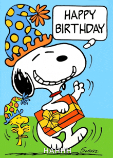 a cartoon of snoopy wearing a party hat and holding a gift box with the words happy birthday written on it