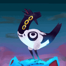 a drawing of a bird with yellow eyes and a hat