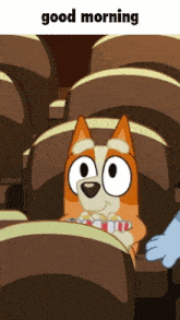 a cartoon of a dog sitting in a theater eating popcorn