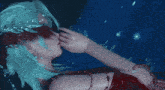 a woman with green hair and a red dress is kissing