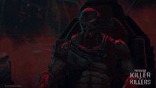 a poster for predator killer of killers shows a man with red eyes