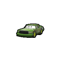 a green toy car from the movie cars with a face on a white background .