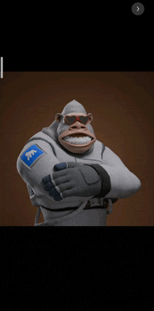 a cartoon gorilla wearing sunglasses and a blue patch with the letter m