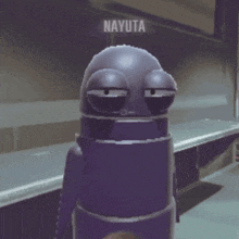 a purple cartoon character with the word bruh on it