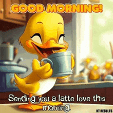 a cartoon duck is holding a cup of coffee and says " good morning sending you a latte love this morning "