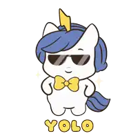 a cartoon of a unicorn wearing sunglasses and a bow tie says " yolo "