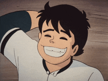 a cartoon boy is smiling with his hand on his head