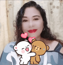 a woman is hugging a teddy bear with hearts around her
