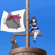a pirate flag with a cat on it hangs from a wooden pole