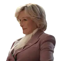 a woman in a pink suit and white blouse looks to the side