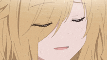 a close up of a blonde anime girl 's face