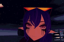 a screenshot of a video game with a purple haired character