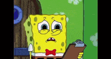 spongebob squarepants is crying while holding a clipboard and wearing a bow tie .